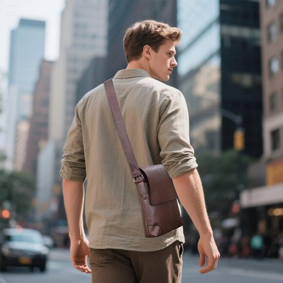 Brown Faux Leather Crossbody Bag for Men with 4 Pockets and Adjustable Strap - Picture 5 of 6